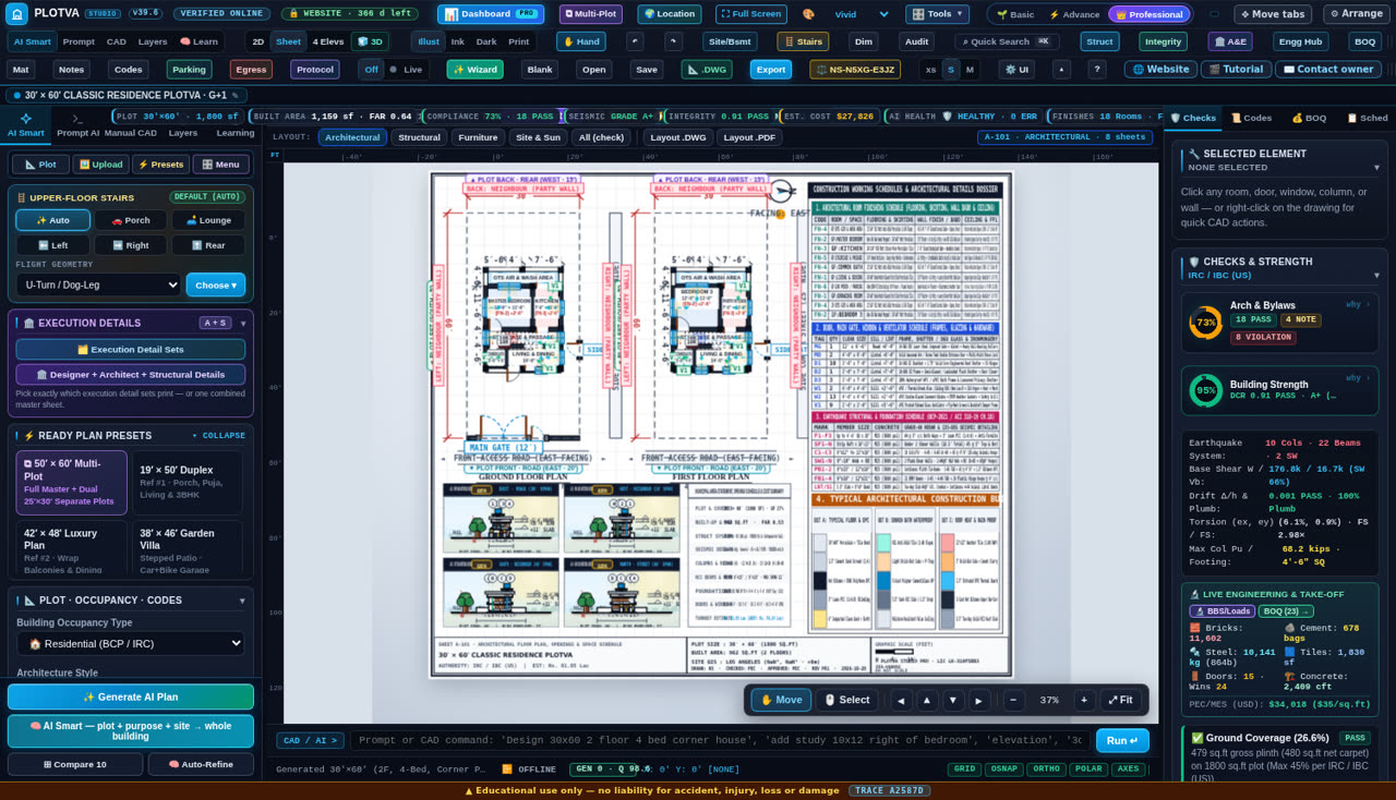 PLOTVA Studio Pro showing a generated 30 by 60 floor plan sheet with schedules